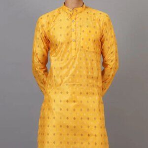 WINTAGE BANARASI ART SILK COTTON YELLOW KURTA PAJAMA